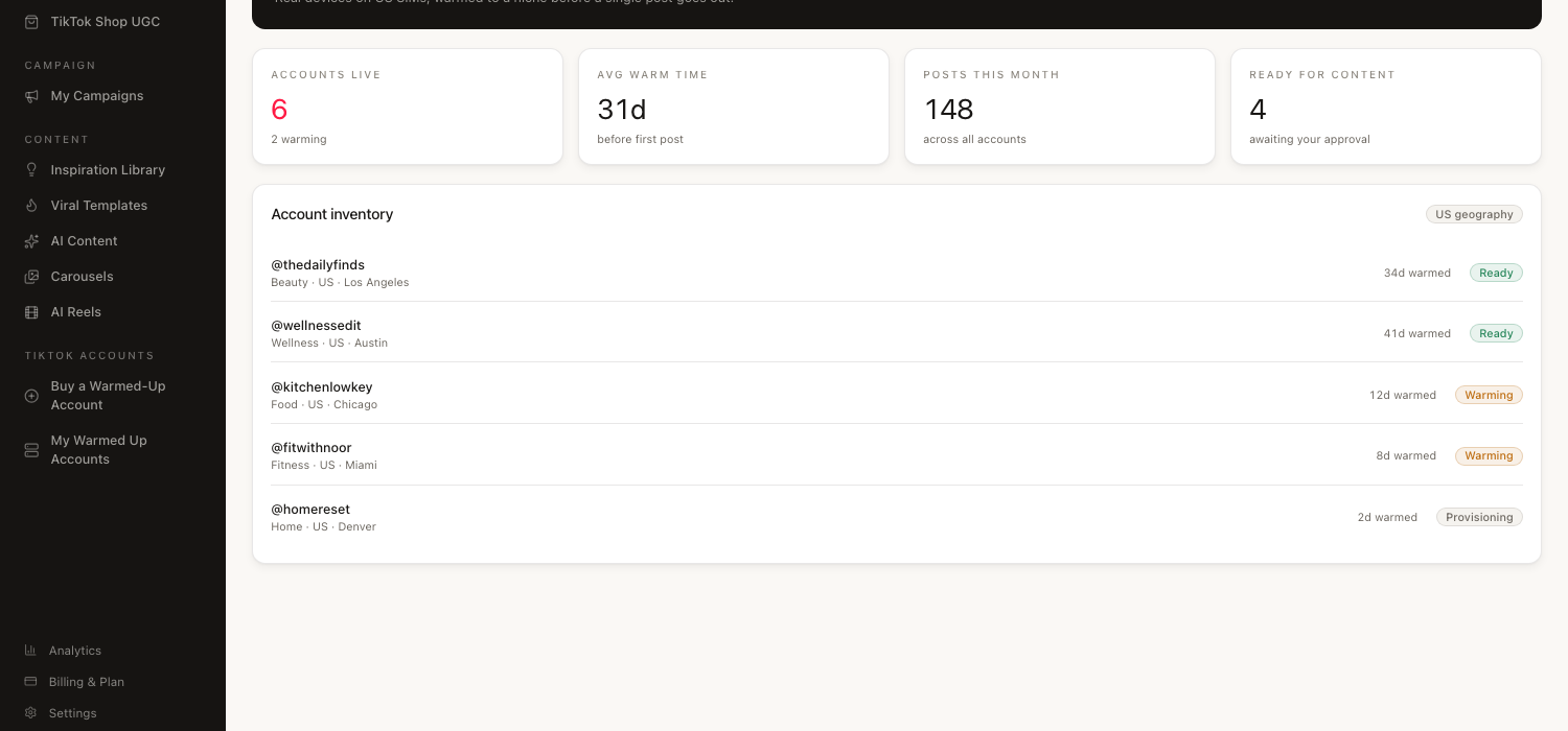 The account inventory in the Tokgency app, showing each warmed account's niche, city, days warmed and current state.